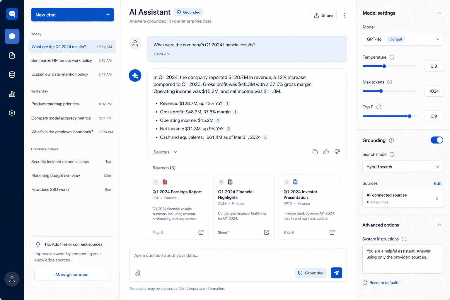 LLM application dashboard with RAG answers and source citations