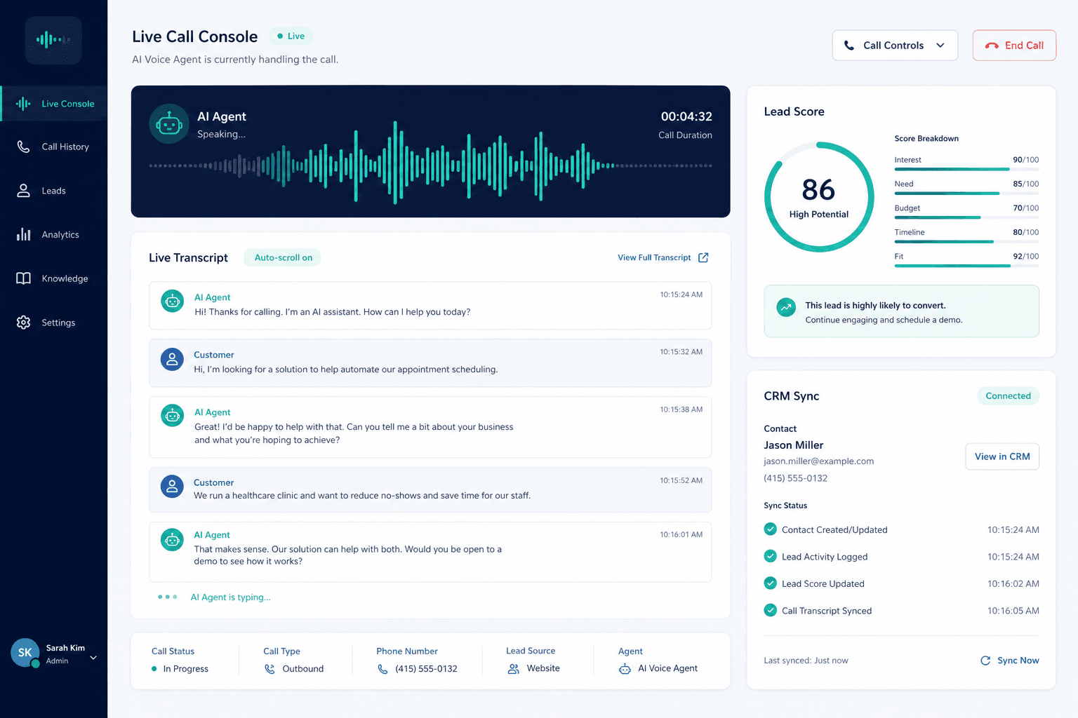 AI voice agent console with live transcript and CRM sync