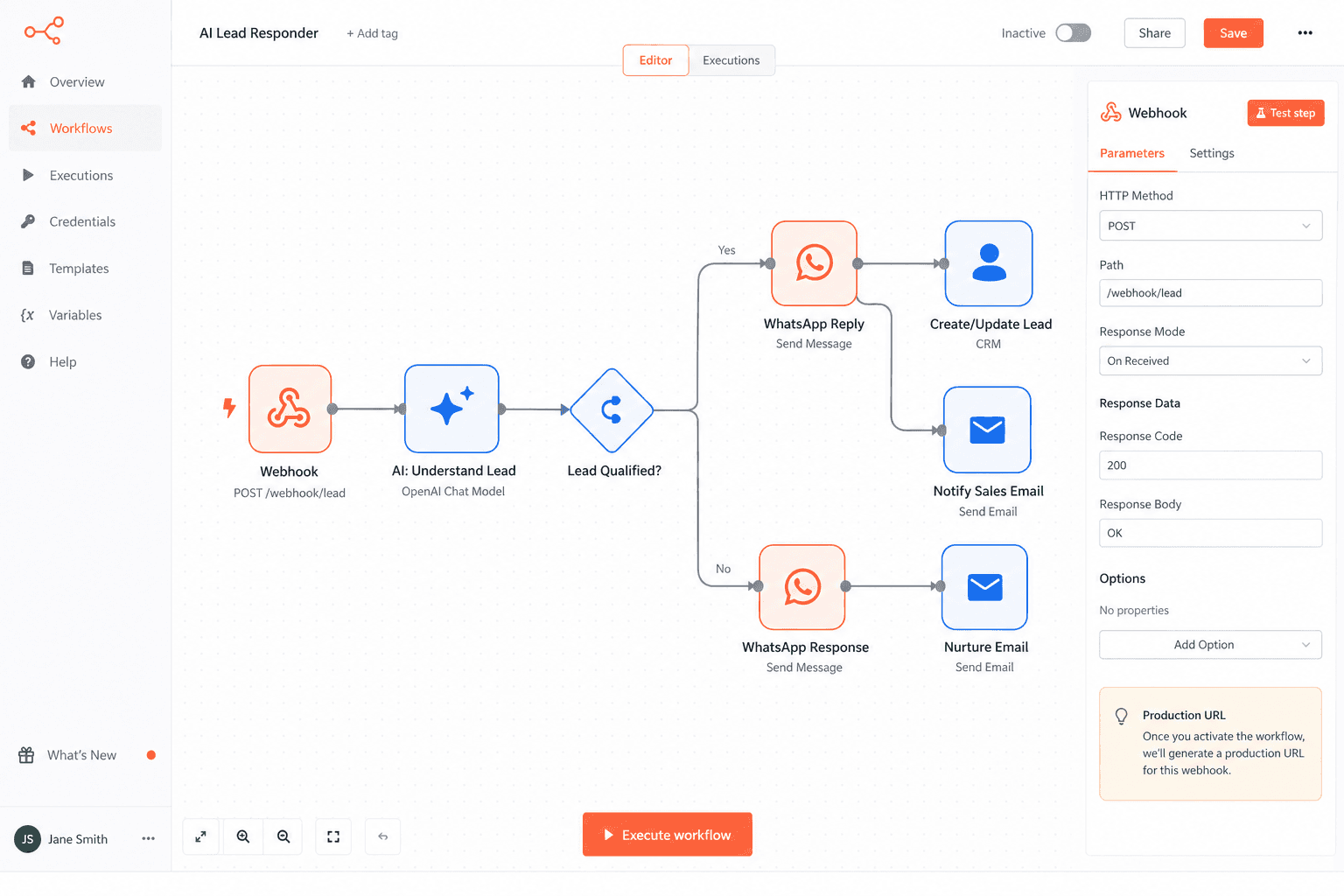 n8n-style AI workflow automation connecting webhooks, OpenAI, CRM, and messaging