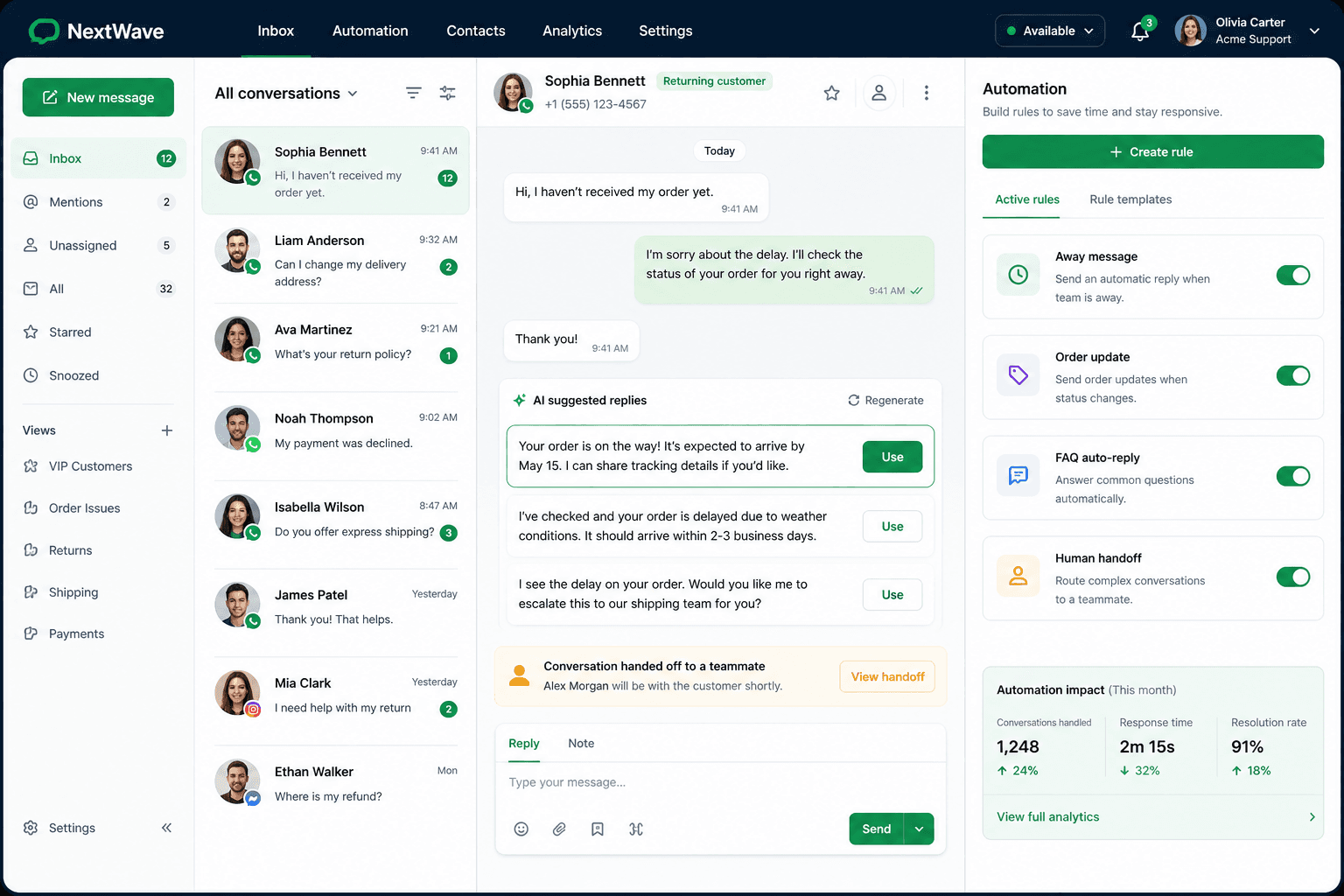 Messaging AI automation with suggested replies and human handoff
