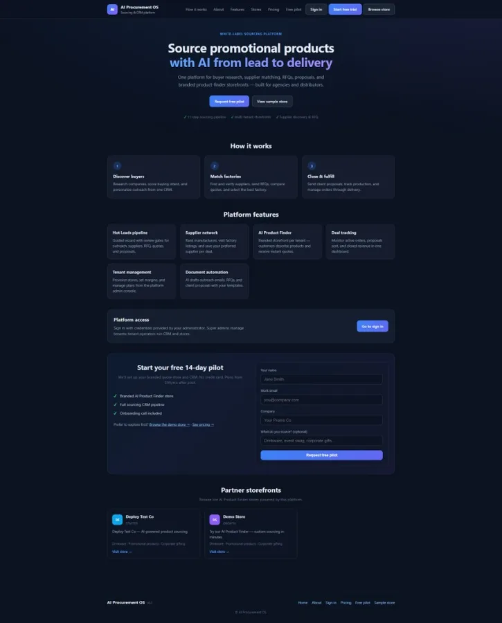 Landing page with hero, workflow steps, and platform features