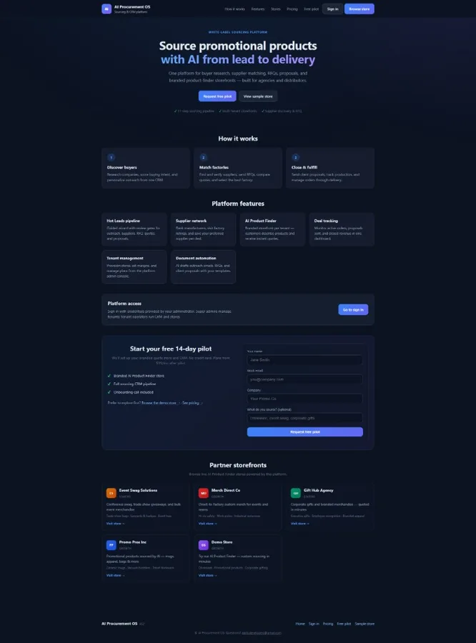 Full platform view with pilot signup, partner storefronts, and pricing